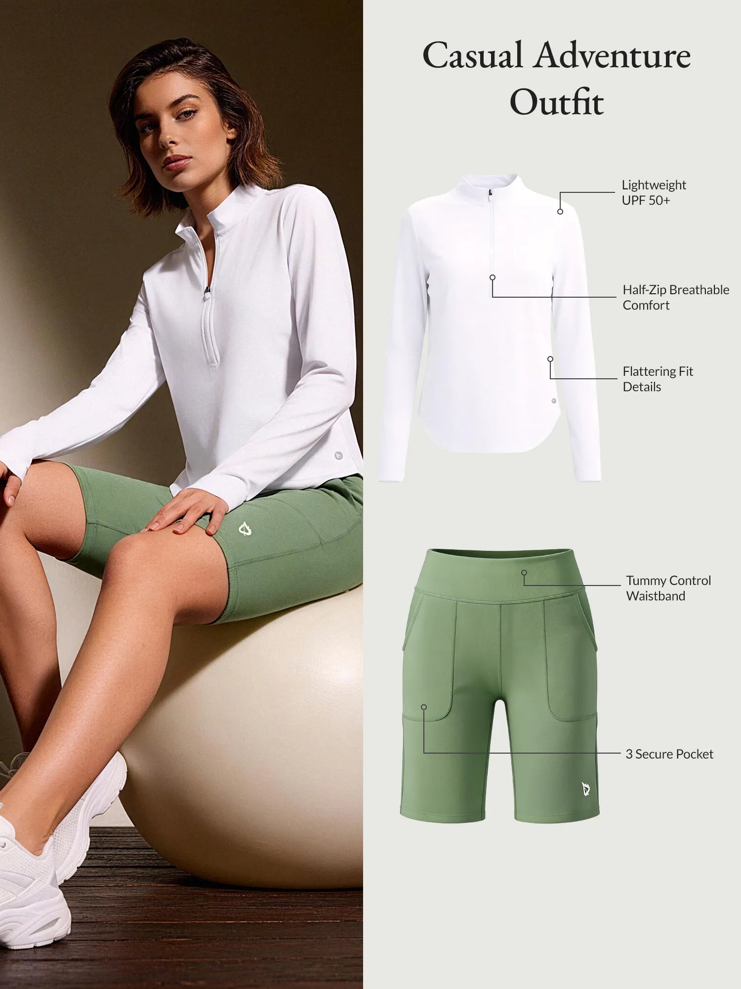 Casual Adventure Outfit: white UPF 50+ half-zip tee & green Bermuda shorts with tummy control.