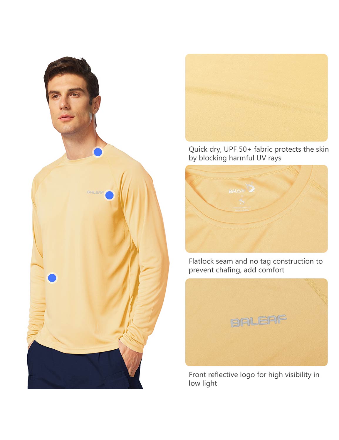 Baleaf Men's UPF50+ Long Sleeved Loose Fit Casual T-Shirt Custard Details