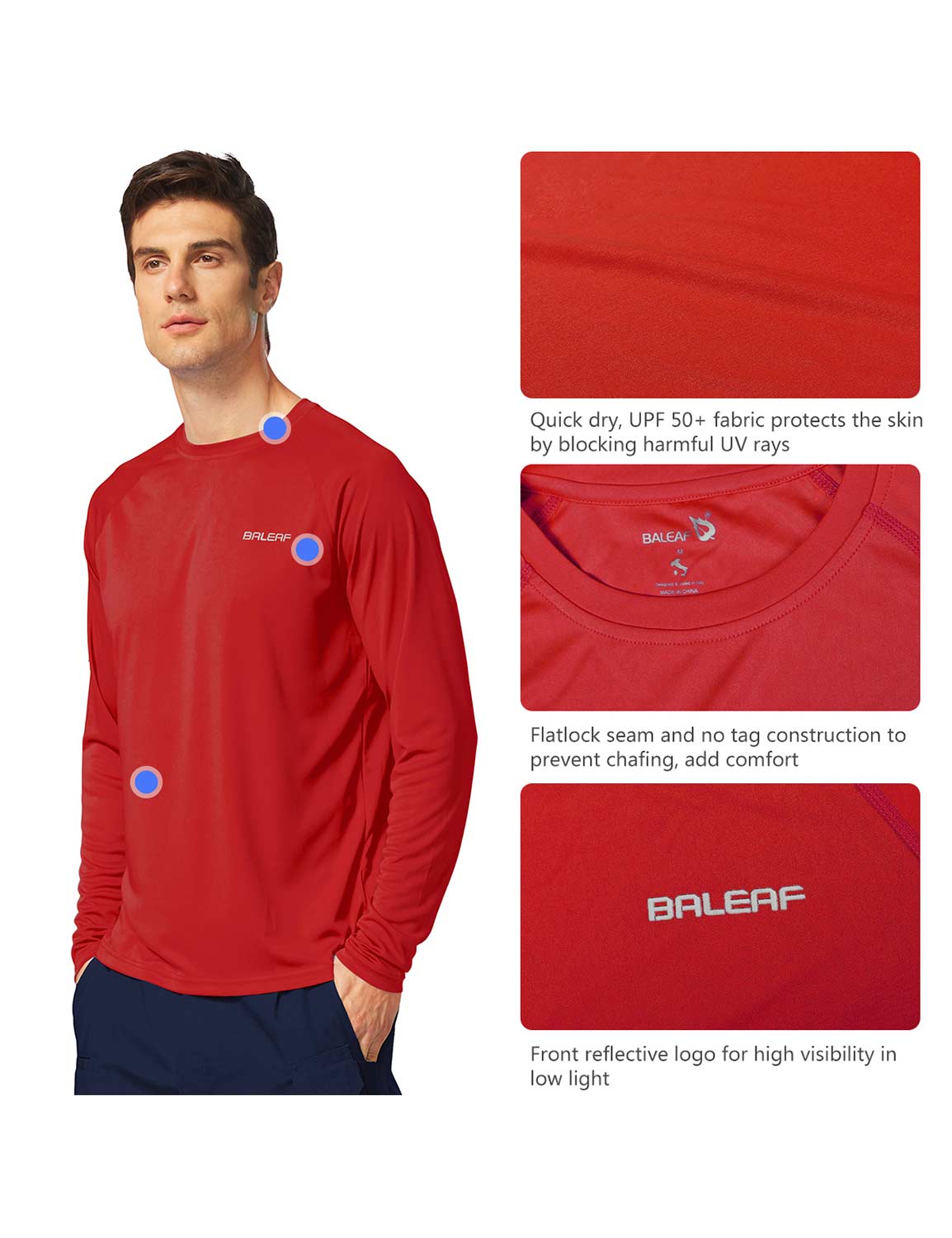 Baleaf Men's UPF50+ Long Sleeved Loose Fit Casual T-Shirt Tomato Details