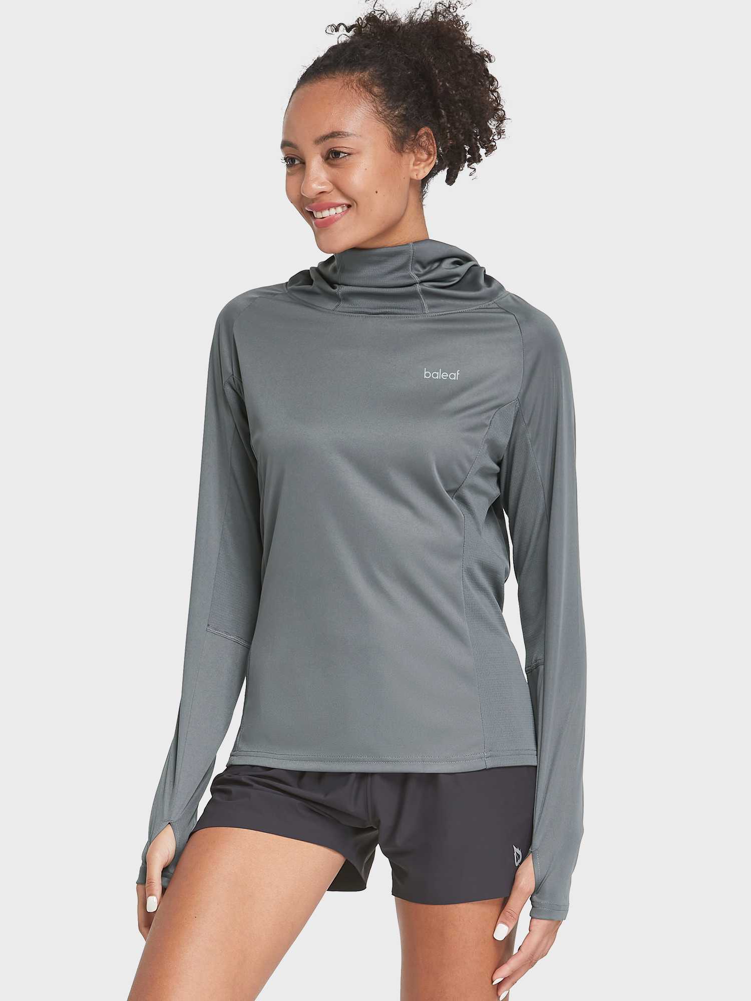Gray women's UPF 50+ long-sleeve hiking shirt with built-in face cover and thumbholes. #color_Dark Gray