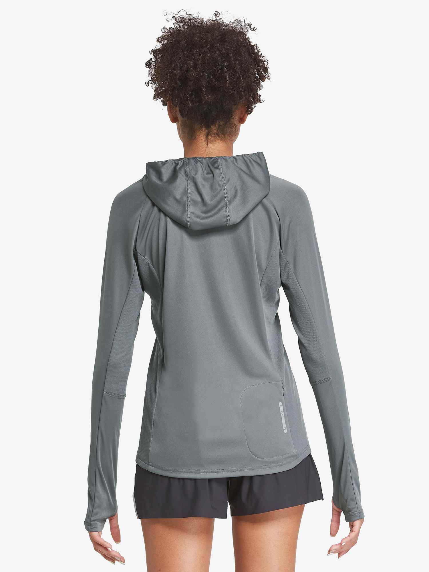 Women's grey UPF 50+ hiking shirt with hood and thumbholes #color_Dark Gray