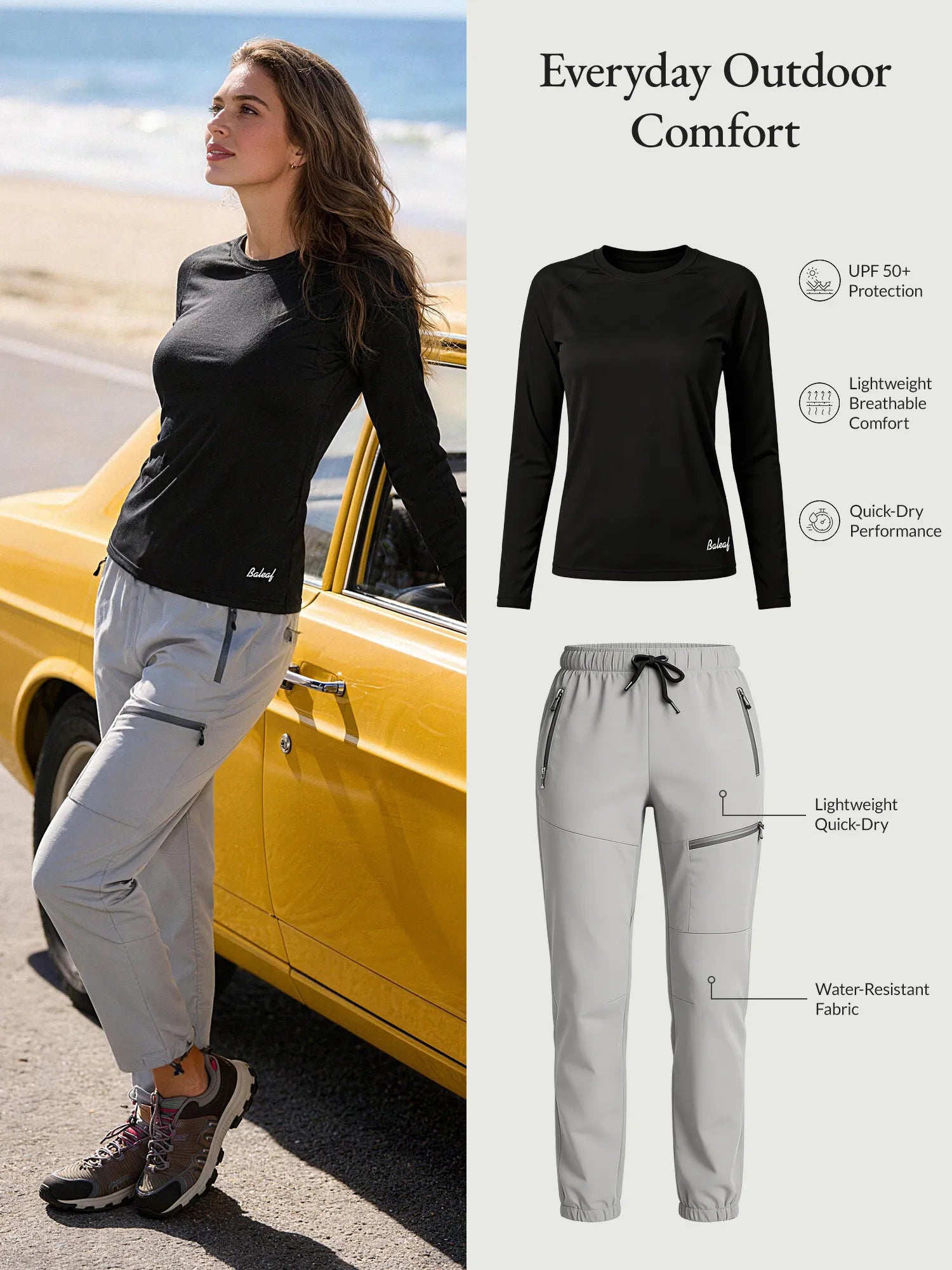 Everyday outdoor comfort: black UPF50+ sun shirt & grey quick-dry hiking pants.