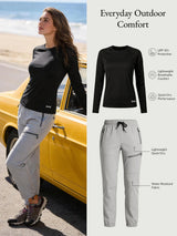 Everyday outdoor comfort: black UPF50+ sun shirt & grey quick-dry hiking pants.