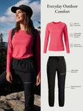 Pink UPF 50+ quick-dry sun shirt and black water-resistant hiking pants for outdoor comfort.