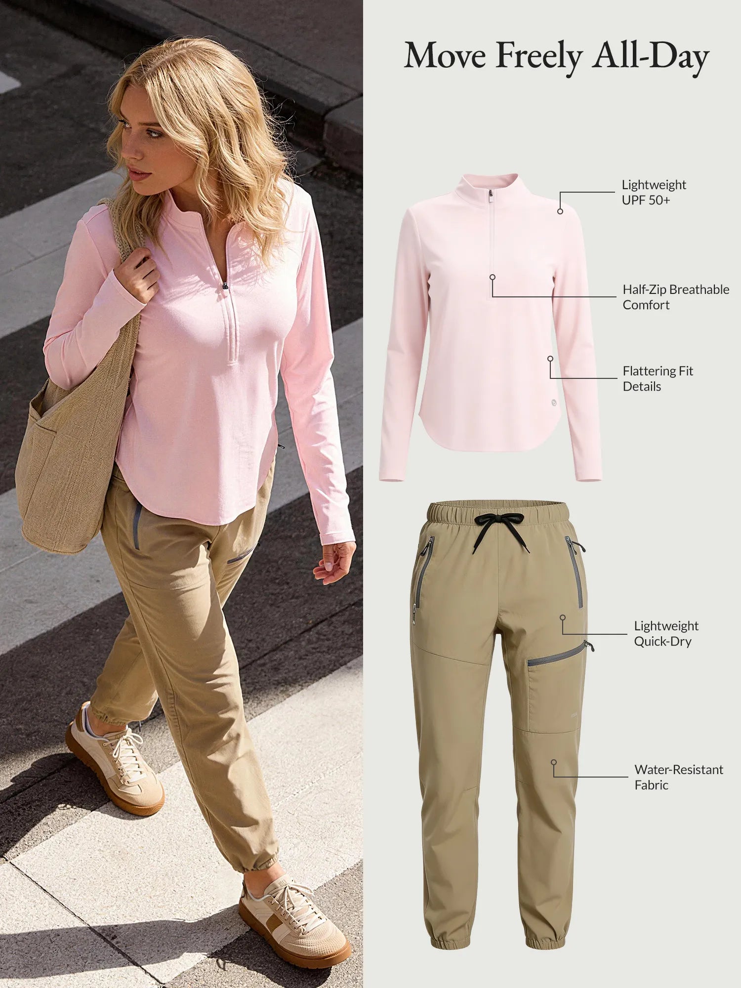 Move Freely All-Day set: pink UPF 50+ tee, khaki water-resistant hiking pants.