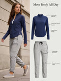 Move Freely All-Day set: Navy UPF 50+ tee & grey water-resistant hiking pants.