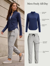 Move Freely All-Day set: Navy UPF 50+ tee & grey water-resistant hiking pants.