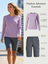 Casual adventure essentials: Woman in lavender UPF 50+ sun shirt and grey DWR shorts for hiking.