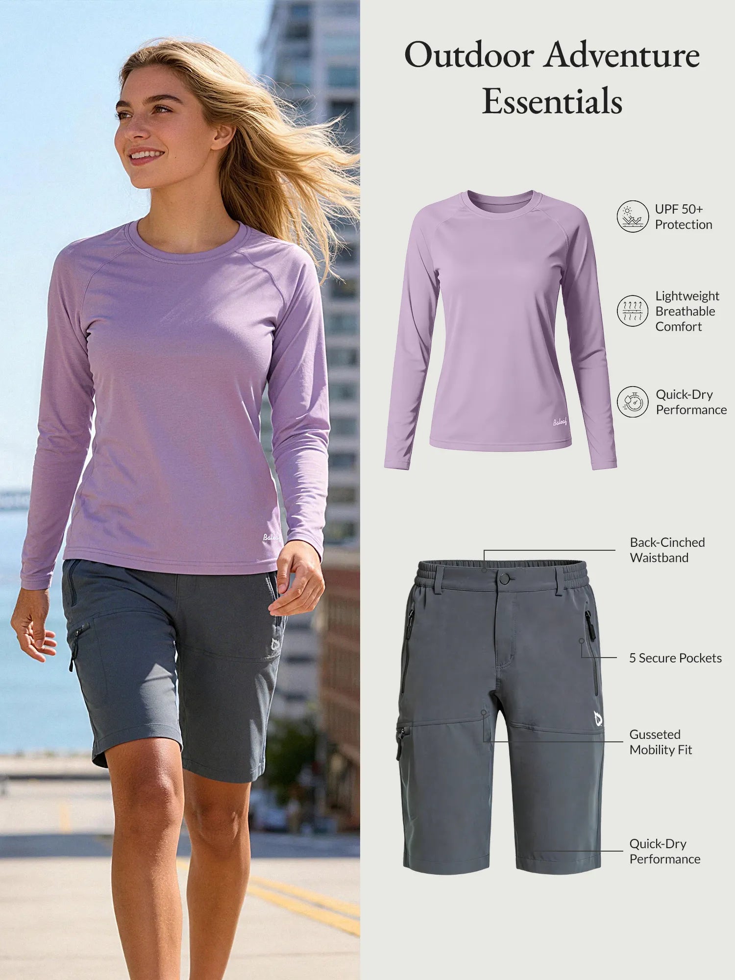 Casual adventure essentials: Woman in lavender UPF 50+ sun shirt and grey DWR shorts for hiking.