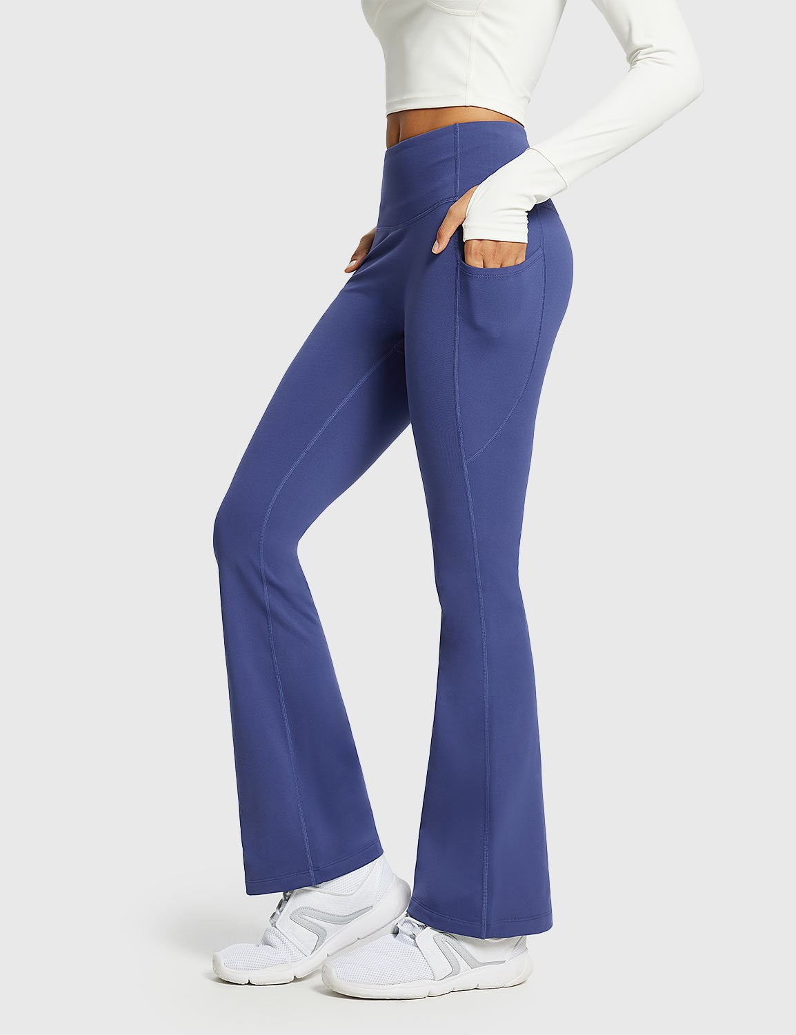 Blue thermal warm flare pants with side pockets and v-back seam detail #color_Navy Blue