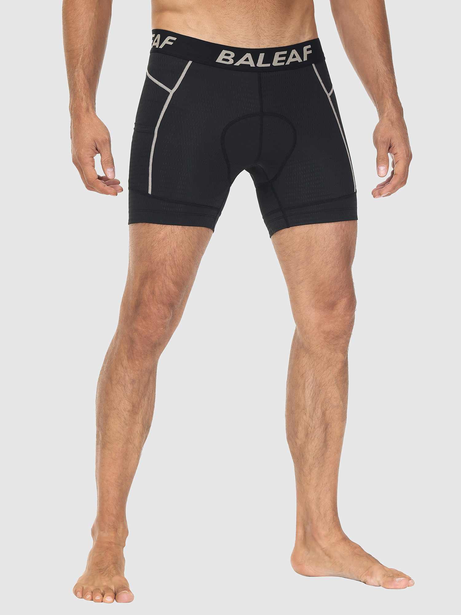 Men's black BALEAF cycling underwear with reflective piping and elastic waistband. #color_Brown