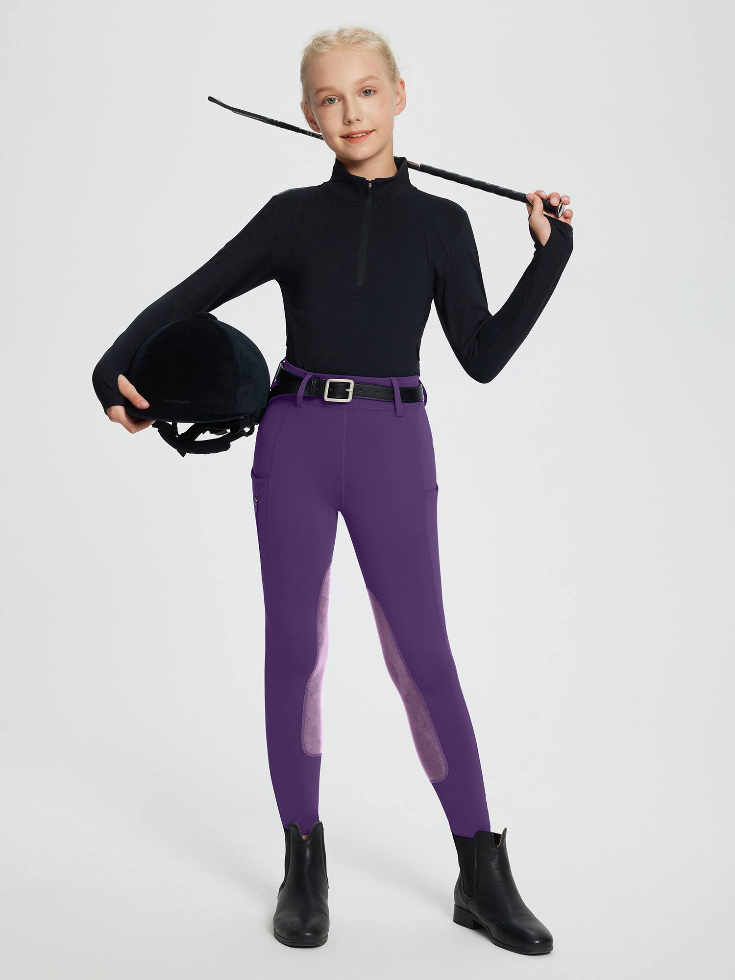 baleaf Girls Riding Pants Kids Equestrian Breeches Knee-Patch Zip Pocket Horseback Tights