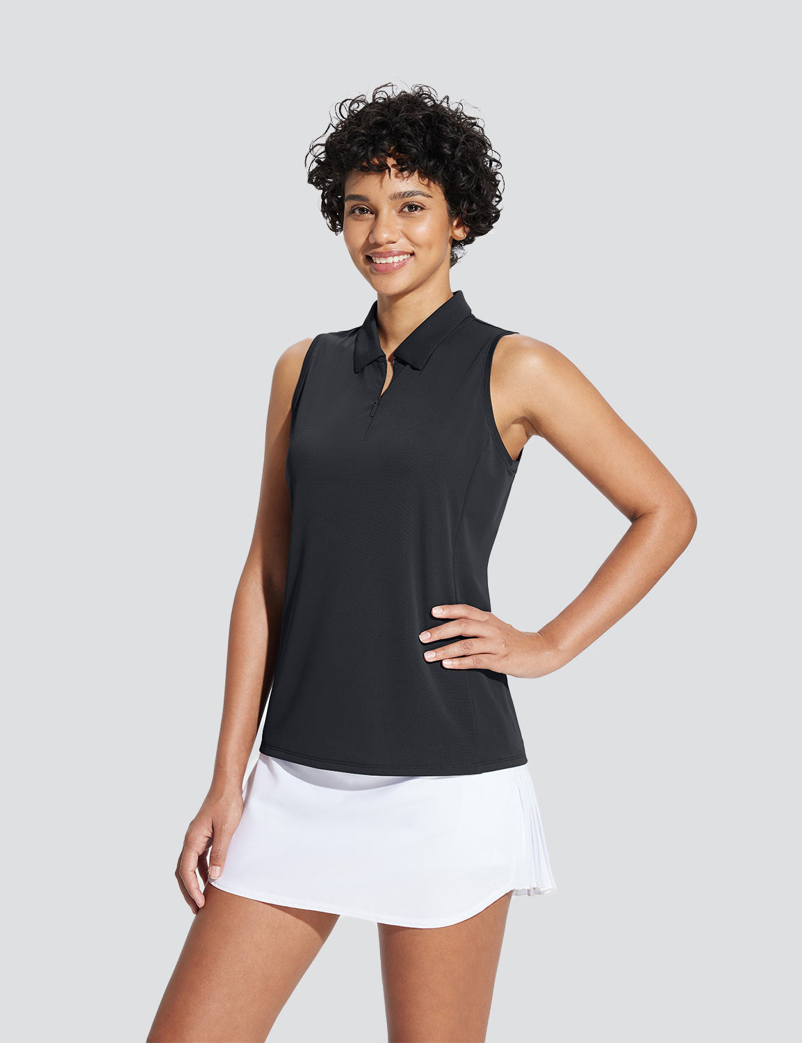 Baleaf Women's V-Neck Sleeveless Quarter-Zip Knit Polo Anthracite Side
