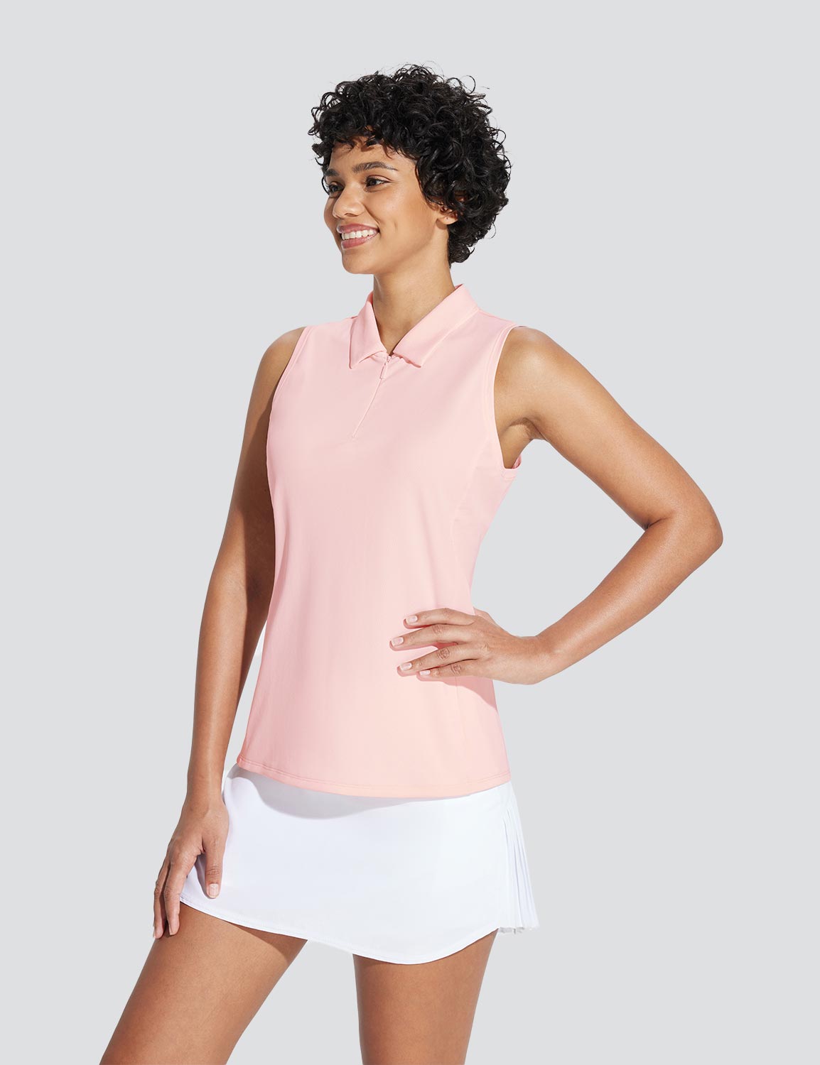 Baleaf Women's V-Neck Sleeveless Quarter-Zip Knit Polo Pink Dogwood Side