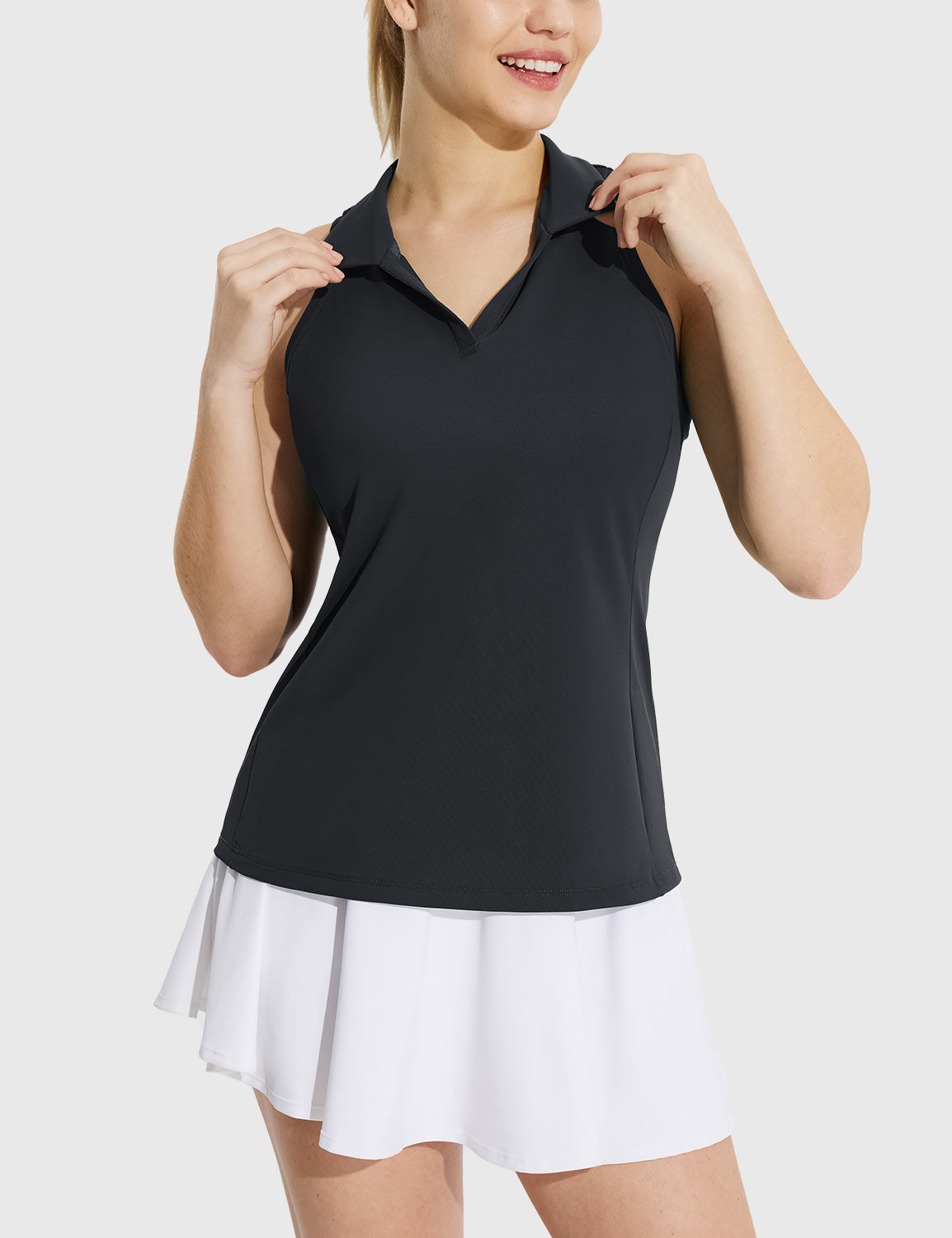 Baleaf Women's UPF 50+ V-neck Sleeveless Polo Shirt Anthracite Front