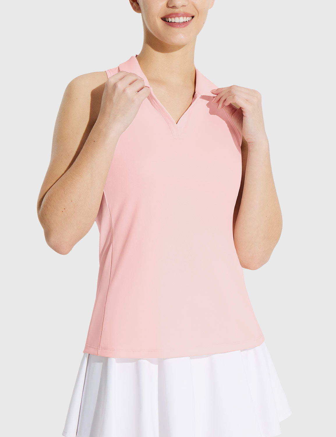 Baleaf Women's UPF 50+ V-neck Sleeveless Polo Shirt Pink Dogwood Front