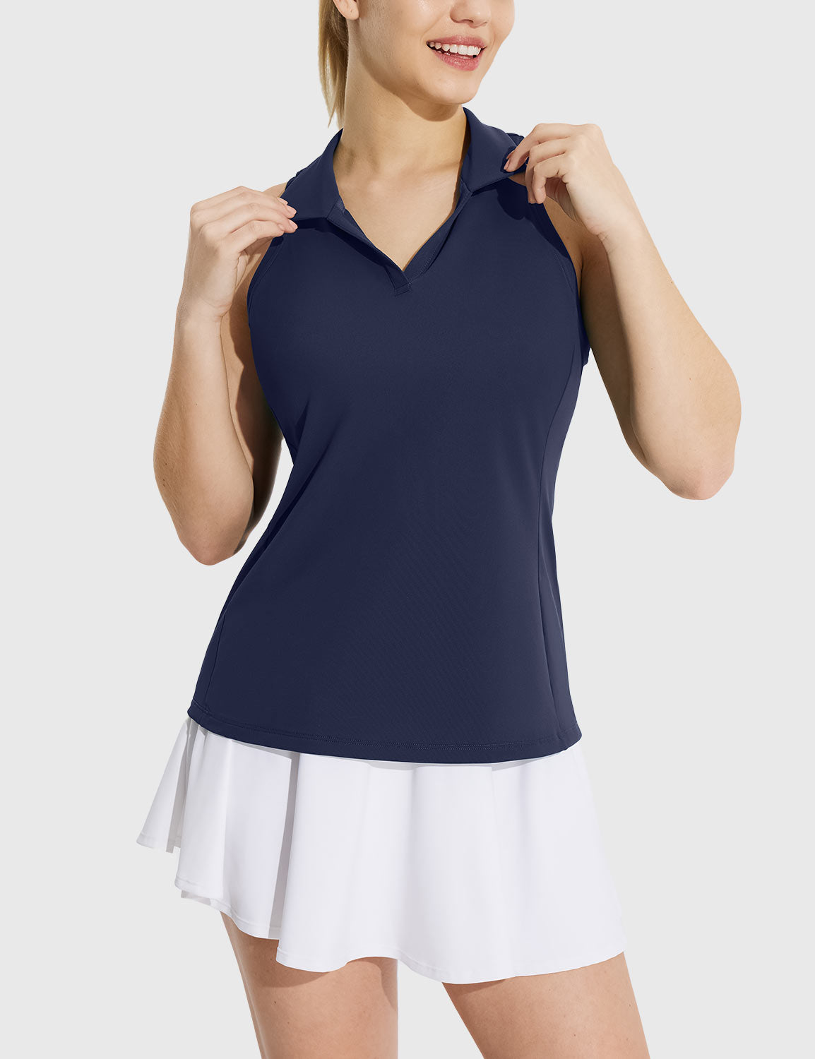 Baleaf Women's UPF 50+ V-neck Sleeveless Polo Shirt Dark Sapphire Front