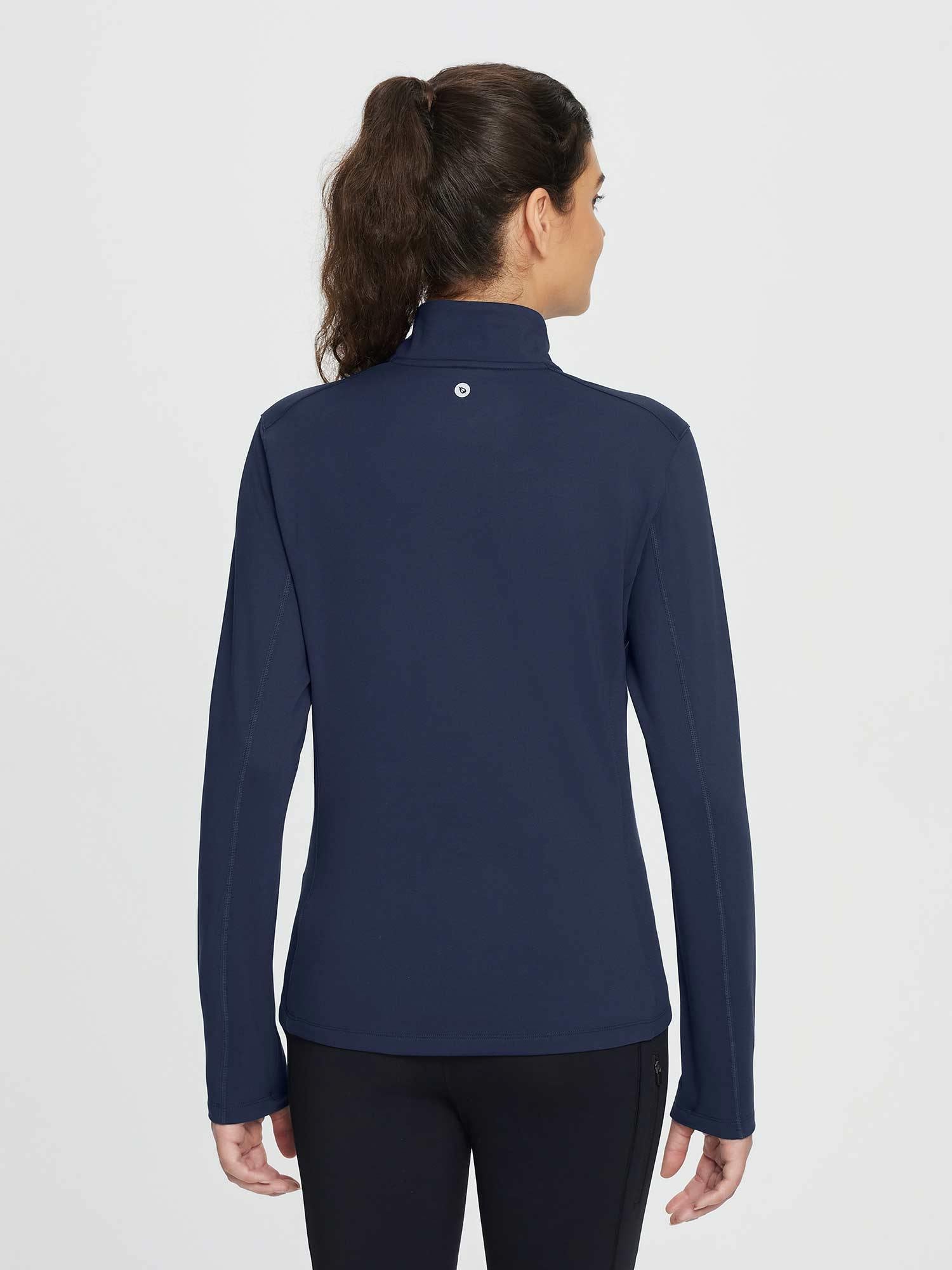 Navy blue women's half-zip fleece pullover golf top with long sleeves and a white logo on the back.