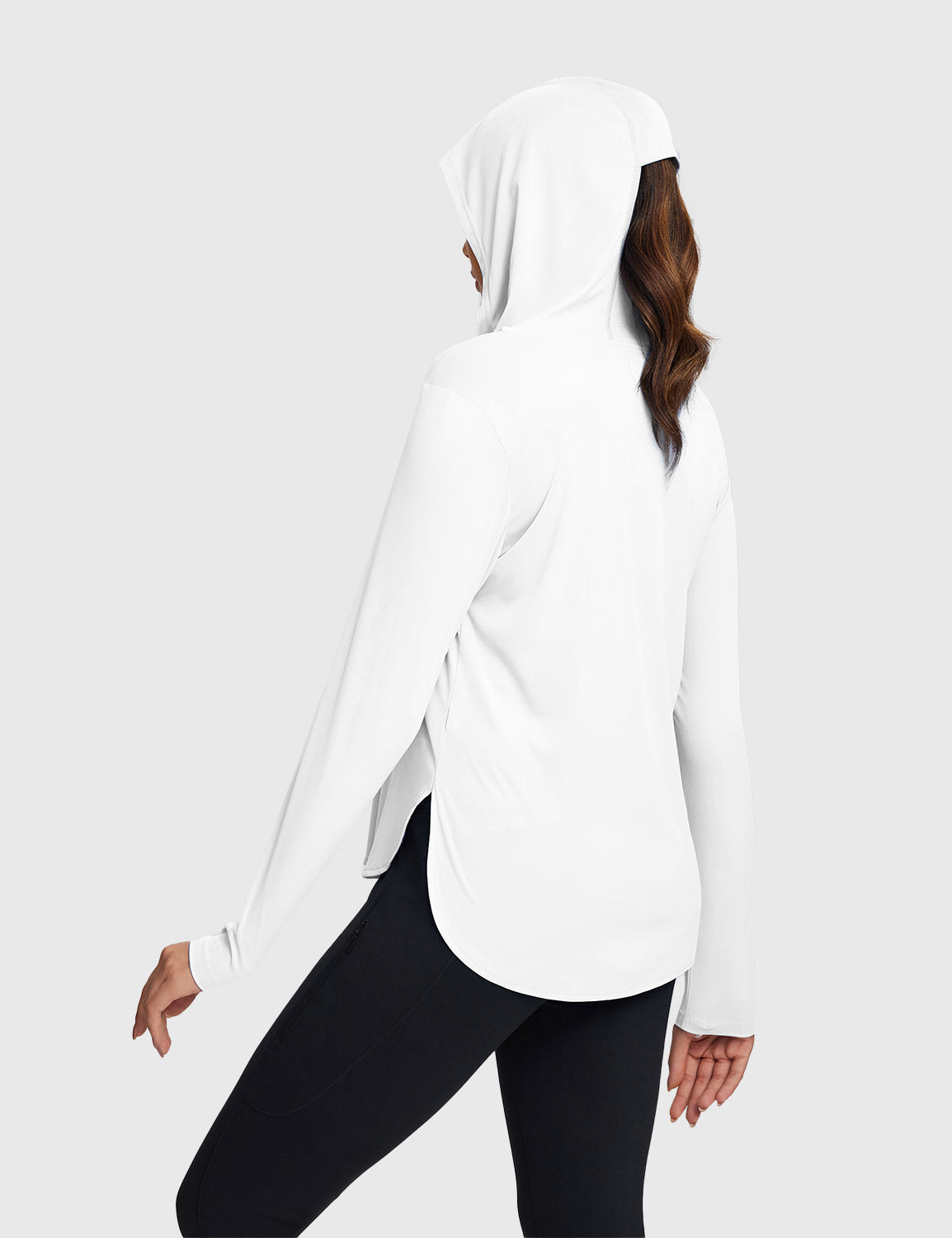 Baleaf Women's Rounded Hem Hooded Long Sleeve Lucent White with Horsetail Hole