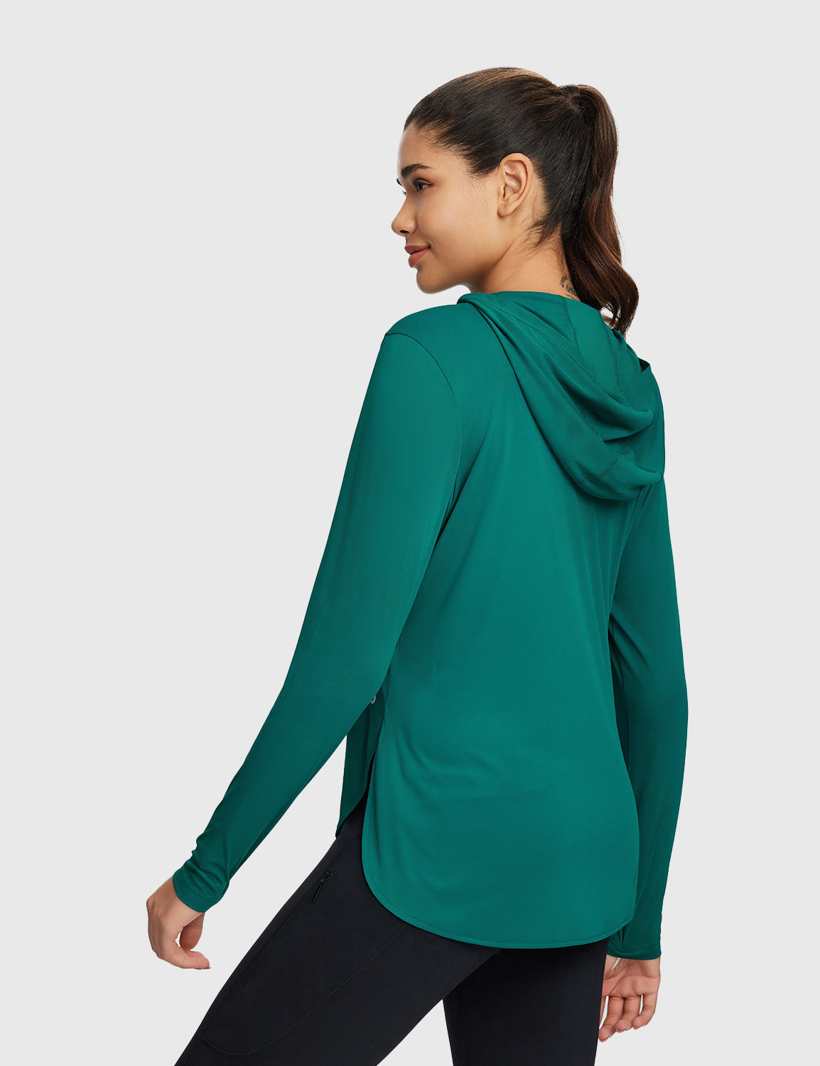 Baleaf Women's Rounded Hem Hooded Long Sleeve Teal Green Back