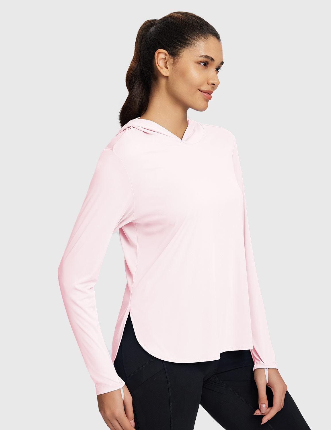 Baleaf Women's Rounded Hem Hooded Long Sleeve Pink Dogwood Side