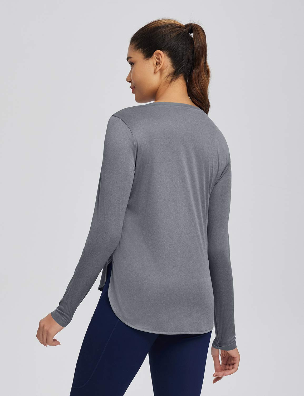 Baleaf Women's High Split Crew Neck T-shirts Harbor Mist Back