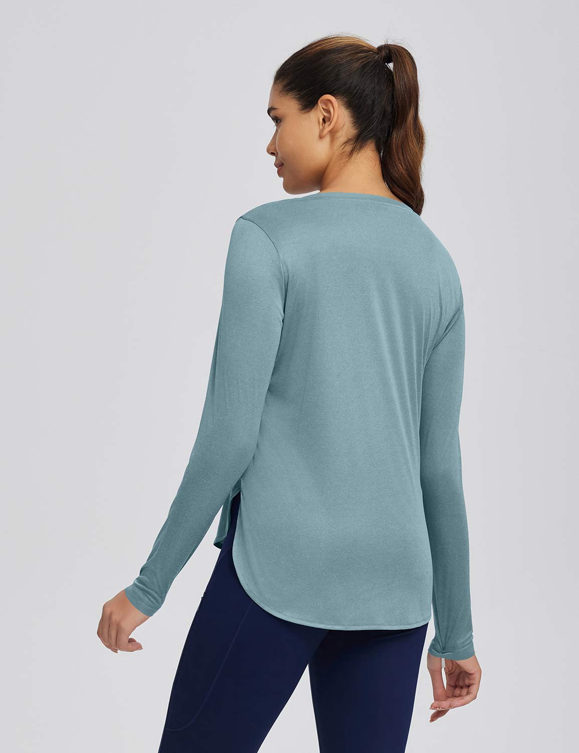 Baleaf Women's High Split Crew Neck T-shirts Stone Blue Back