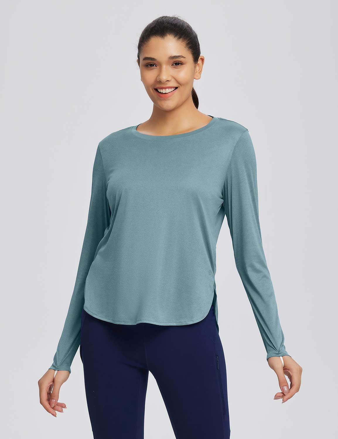 Baleaf Women's High Split Crew Neck T-shirts Stone Blue Main