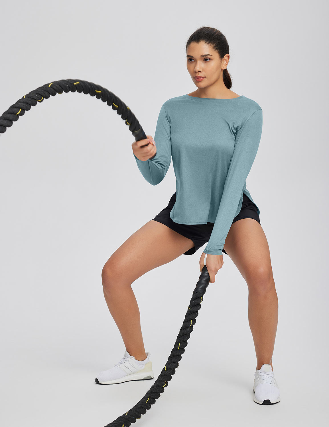 Baleaf Women's High Split Crew Neck T-shirts Stone Blue Full