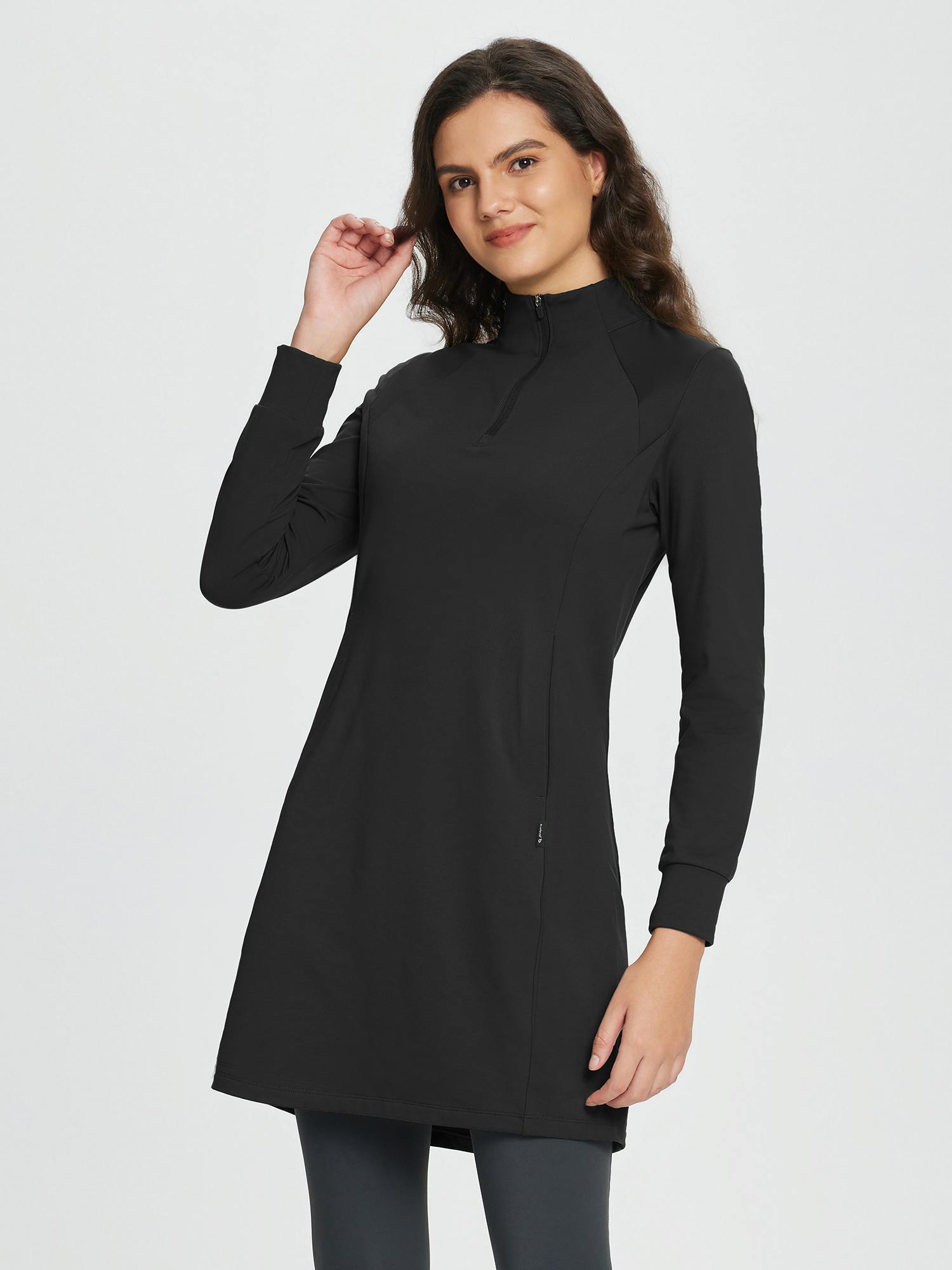 Black fleece-lined knit dress with zip collar and long sleeves, women's outdoor apparel #color_Black