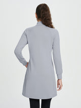 Gray outdoor fleece-lined knit dress with stand-up collar and side pockets, shown from the back. #color_Gray