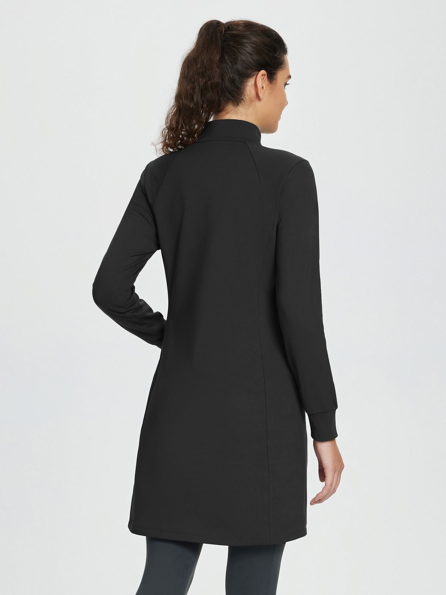 Black fleece-lined knit dress with stand-up collar, long sleeves, and a comfortable A-line silhouette. #color_Black