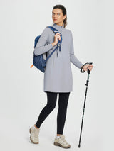 Gray fleece-lined knit dress with zipper collar, black leggings, and hiking gear. #color_Gray