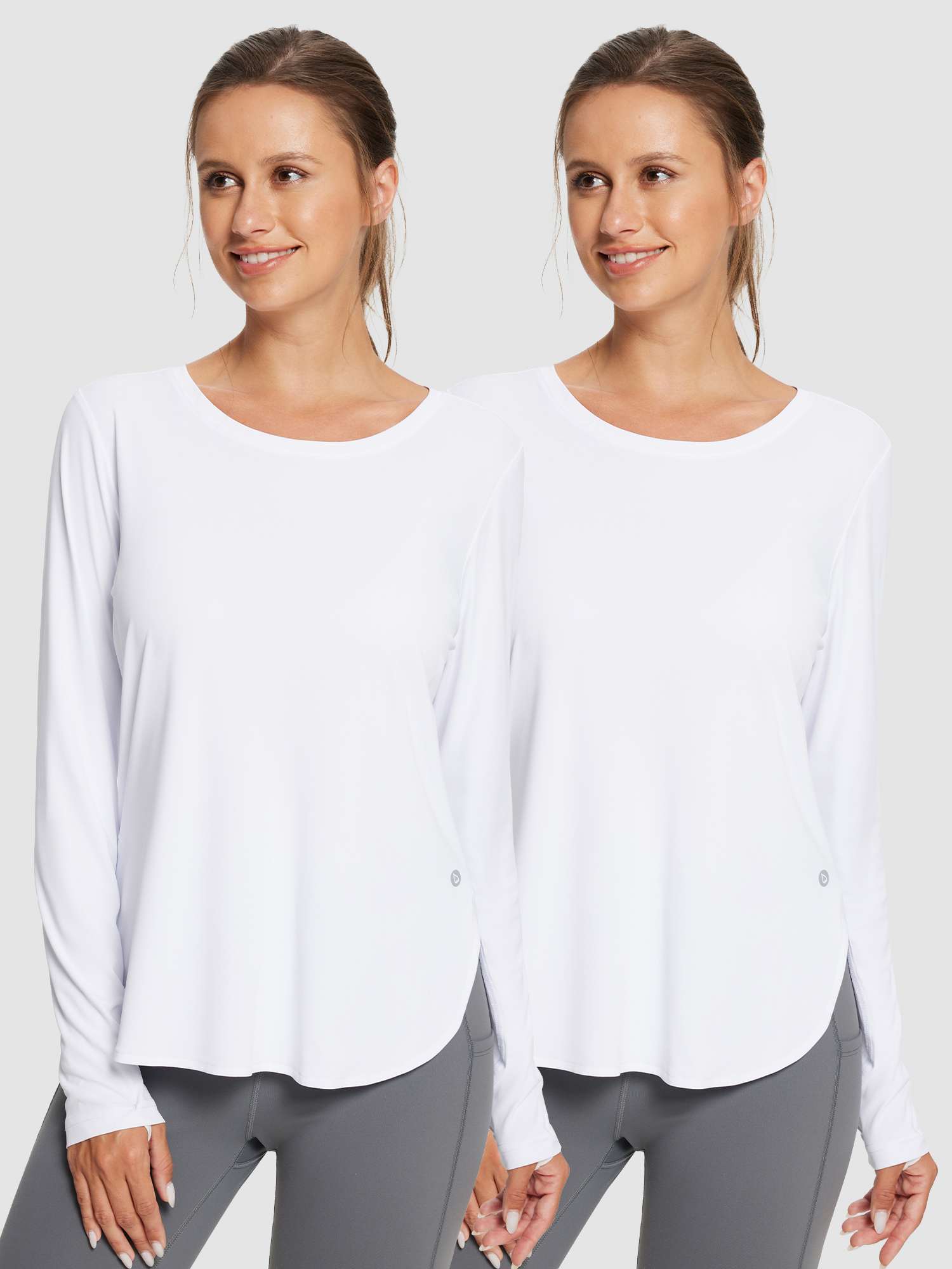Two white women's long-sleeve outdoor t-shirts, featuring a rounded neckline and thumb holes. #color_White