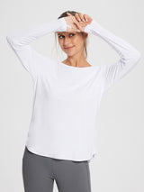 Women's white long sleeve UPF 50+ outdoor t-shirt with thumbholes and breathable fabric #color_White