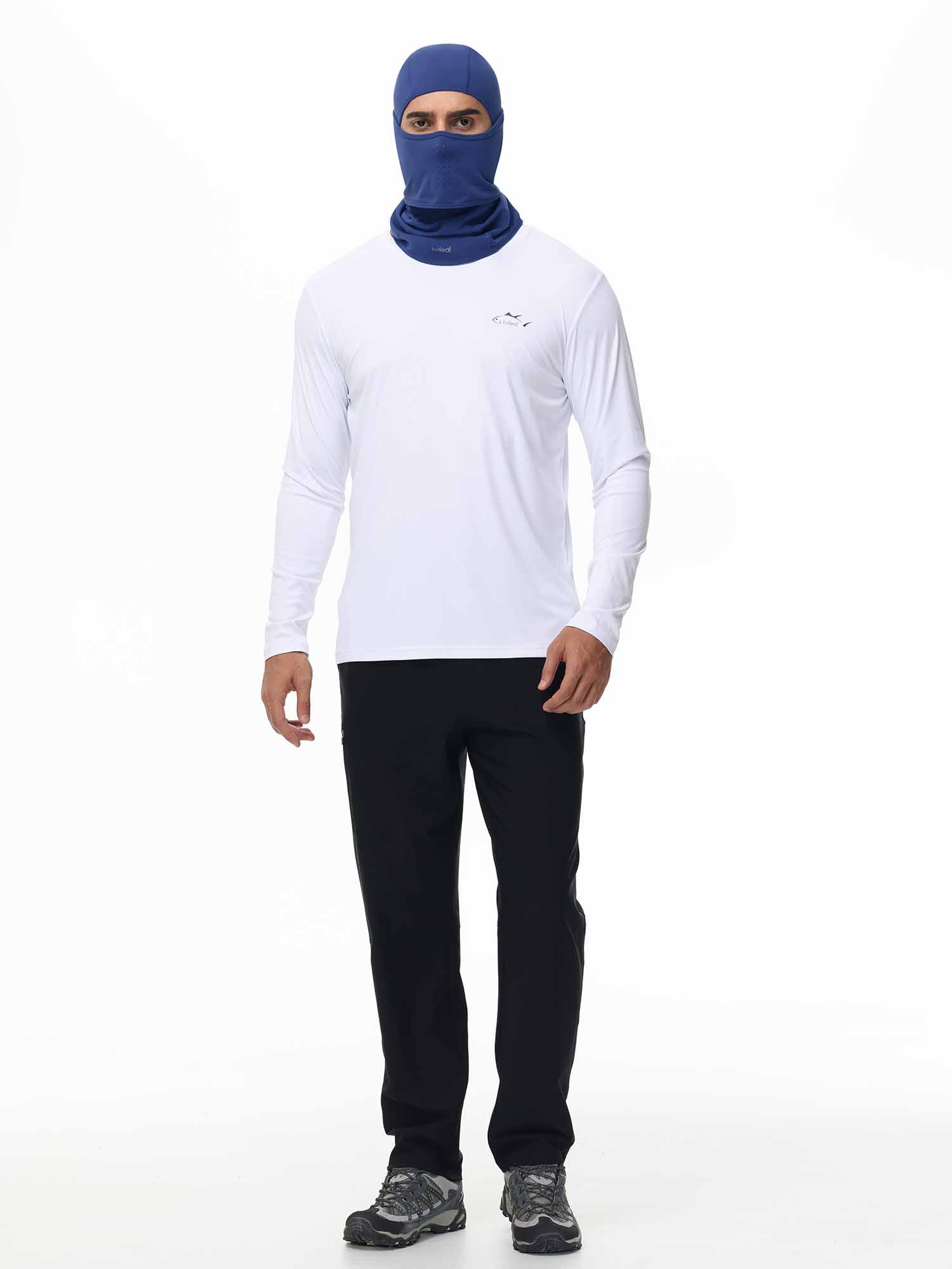 Man wearing a blue balaclava, white long-sleeved shirt, and black pants for skiing #color_Navy Blue
