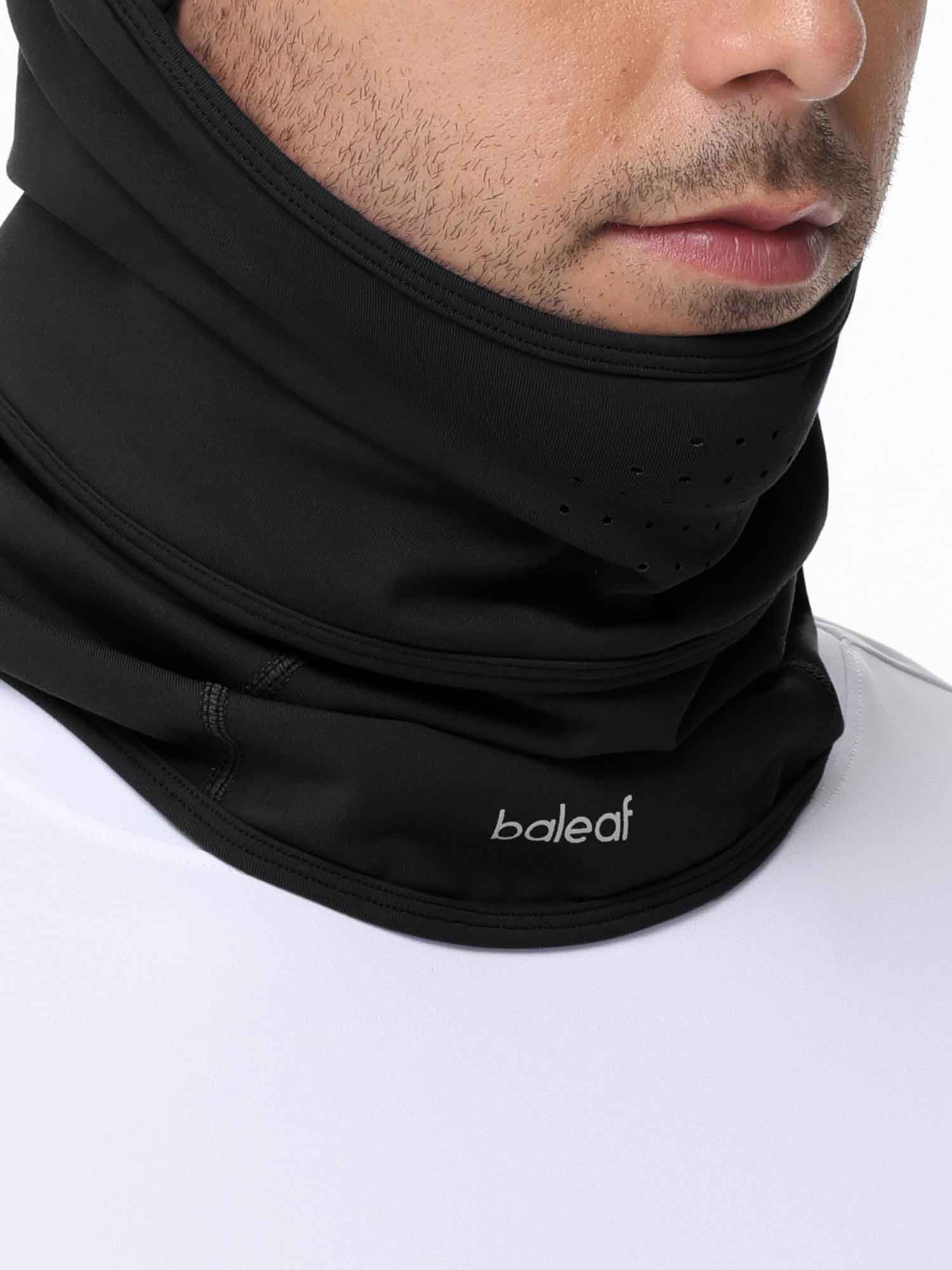 Black fleece-lined neck gaiter with breathable perforations and Baleaf logo, worn by a man. #color_Black