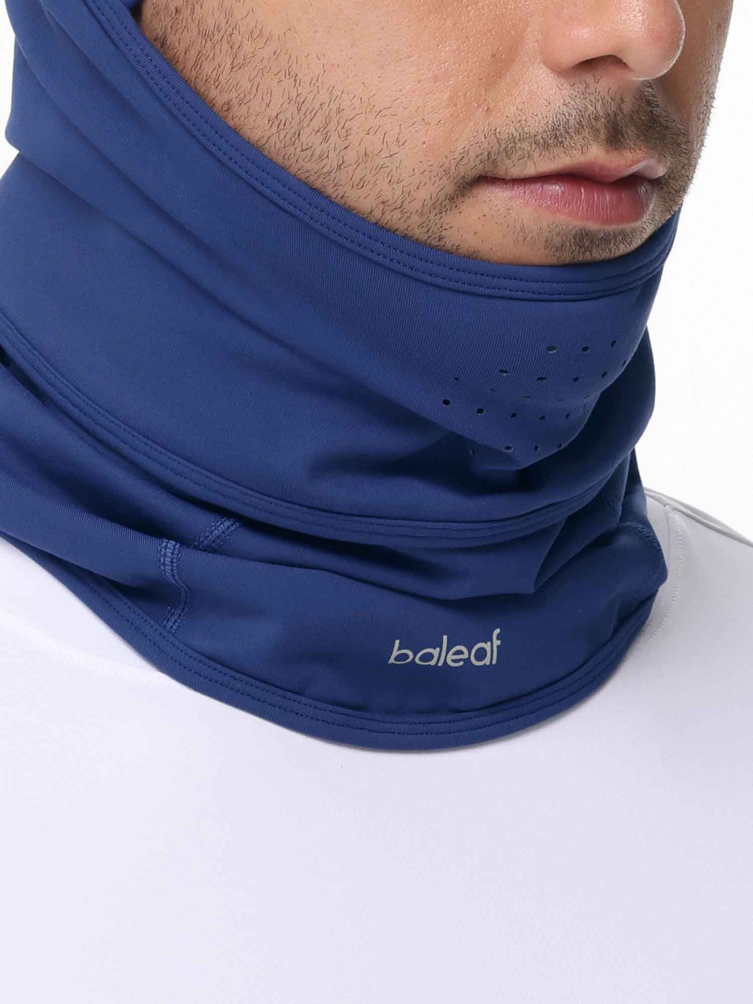 Navy blue unisex breathable fleece neck gaiter with vent holes and Baleaf logo. For skiing.