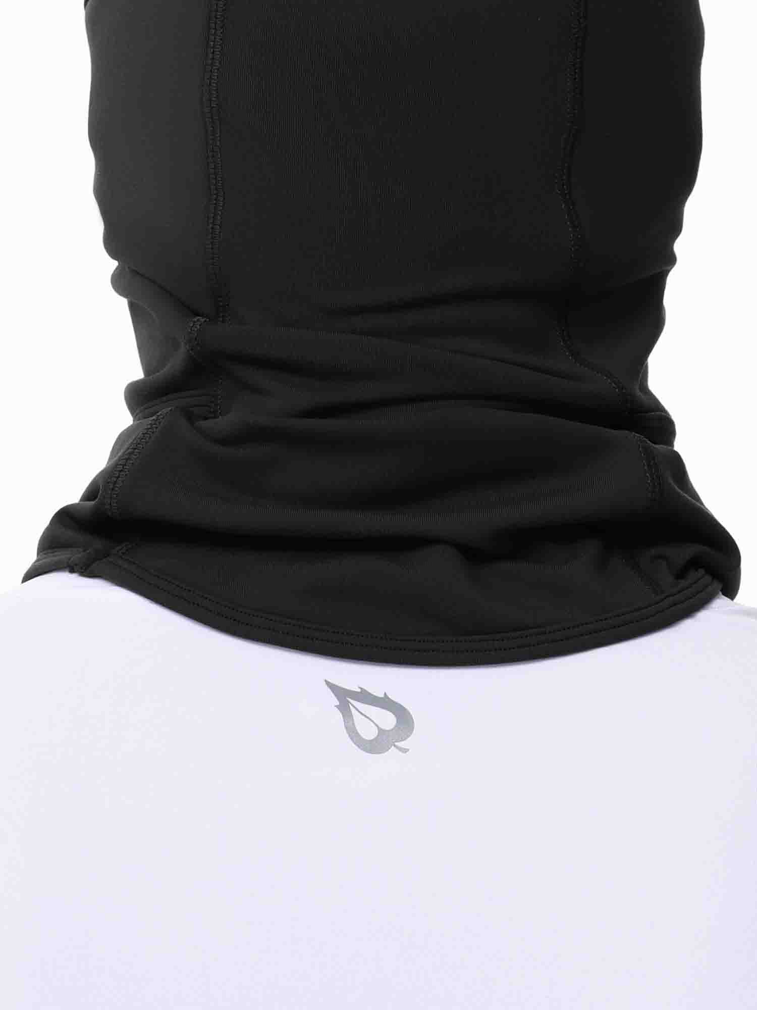 Black fleece-lined ski hat, unisex, with silver leaf logo on white shirt. #warmth #breathability