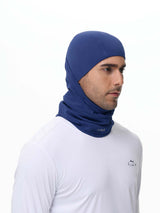 Unisex blue fleece balaclava with breathability, worn by man in white shirt.