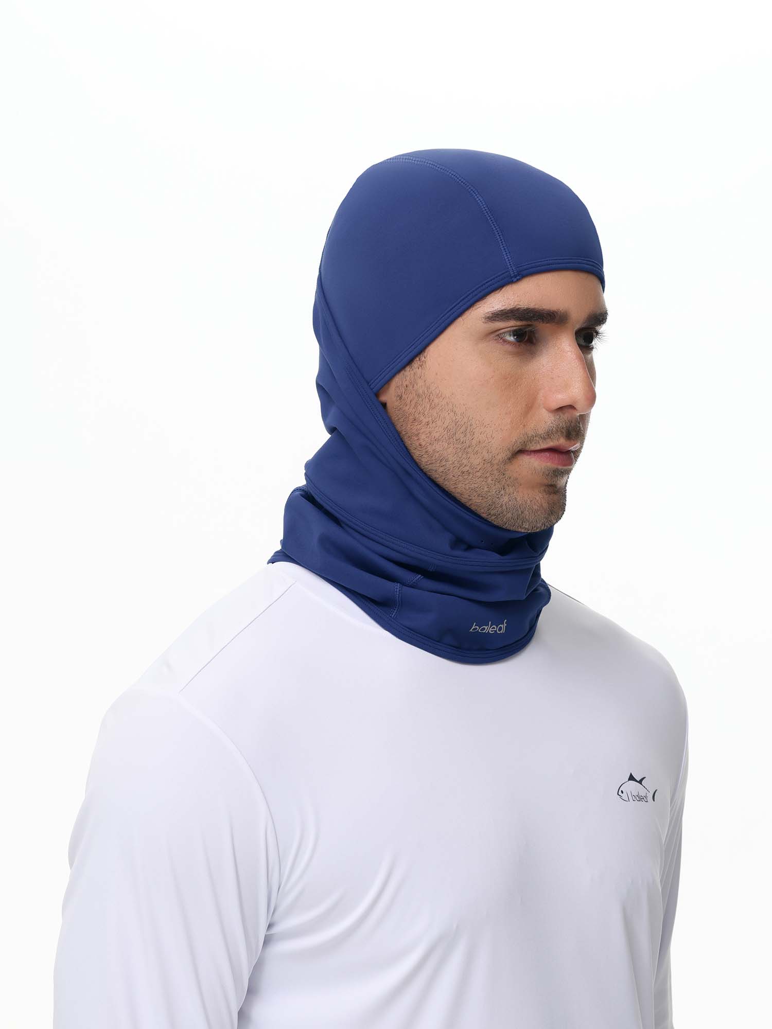 Unisex blue fleece balaclava with breathability, worn by man in white shirt.