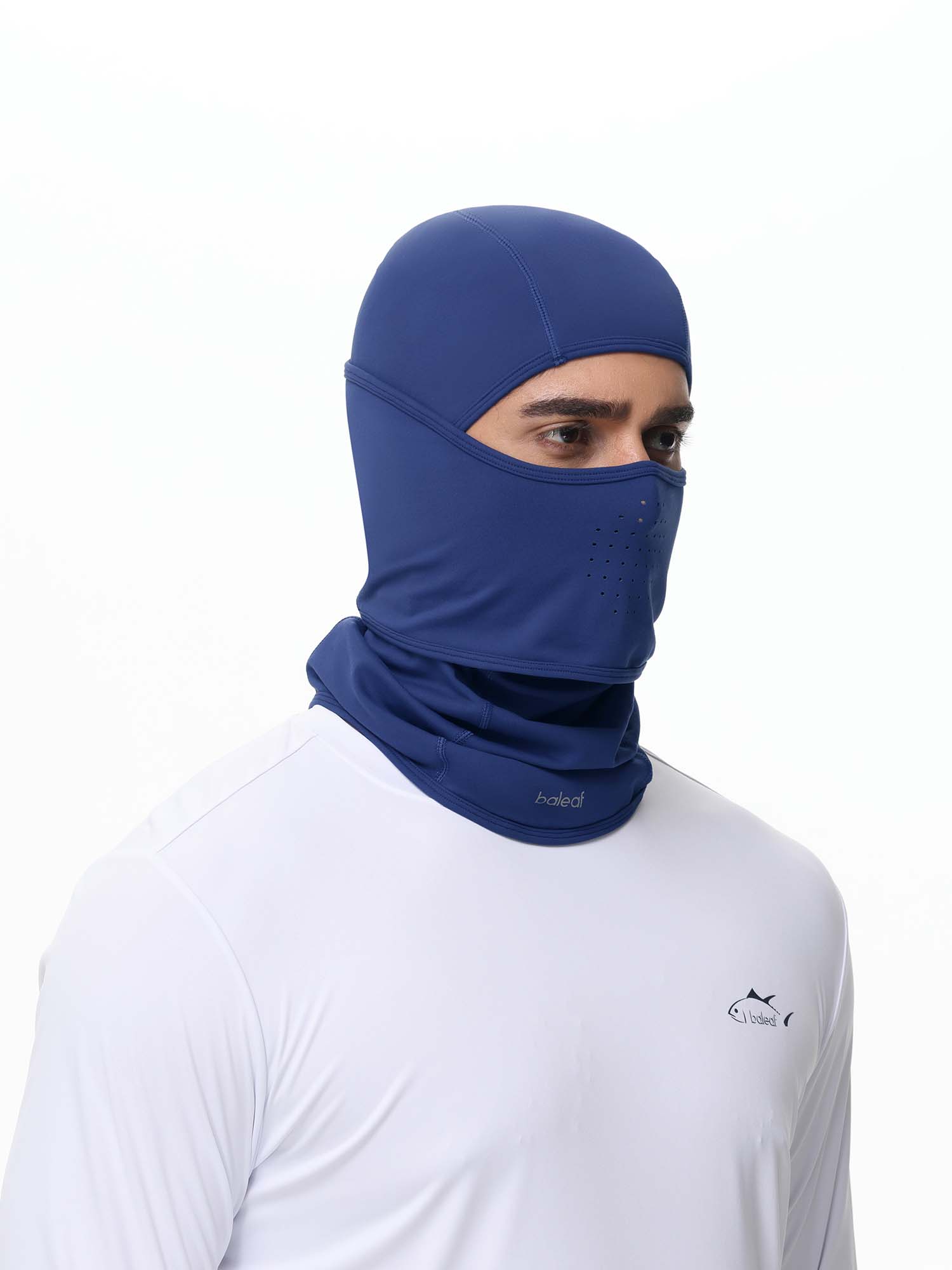 Blue fleece balaclava for winter sports, unisex, breathable with perforated mouth area. Worn by man in white Baleaf shirt.