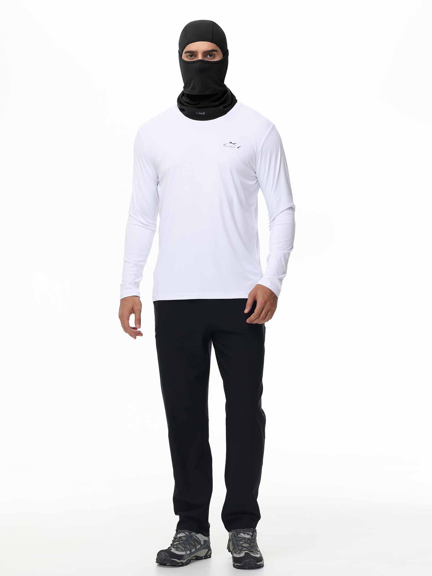 Unisex fleece-lined balaclava hat and white long sleeve shirt for cold weather activities. #color_Black