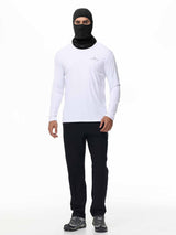 Unisex fleece-lined balaclava hat and white long sleeve shirt for cold weather activities. #color_Black