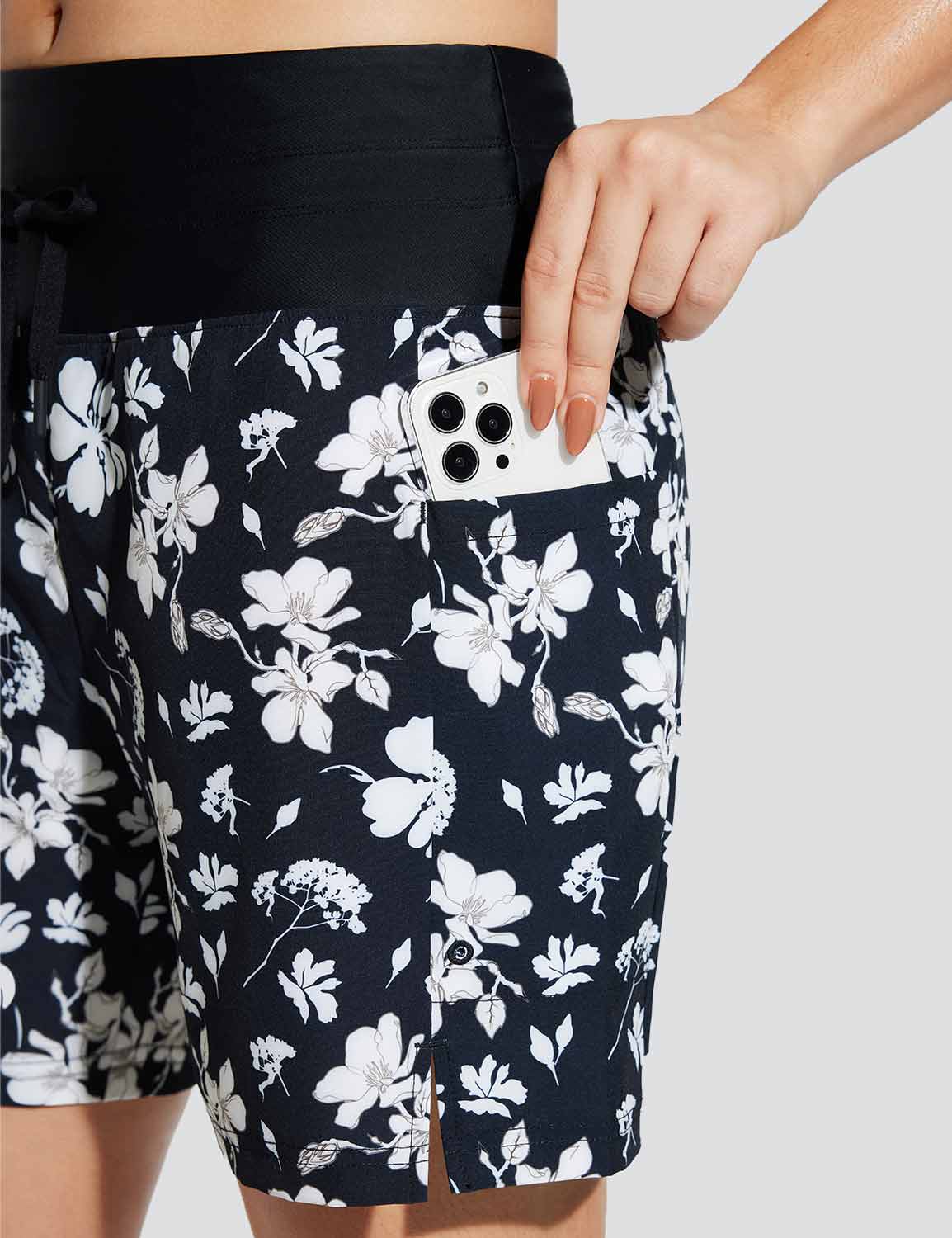 Baleaf Women's Wide Waistband Printed Quick-dry Swim Shorts Black White Flowers with Side Pockets