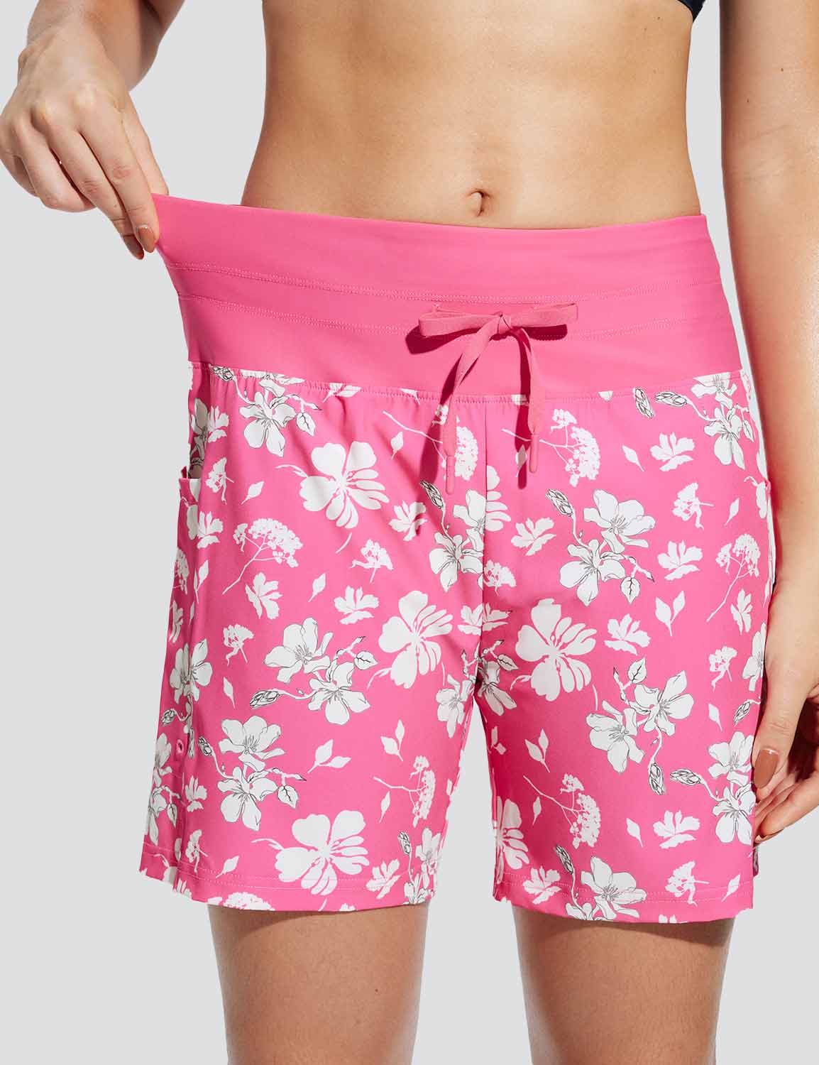 Baleaf Women's Wide Waistband Printed Quick-dry Swim Shorts Pink White Flowers Details