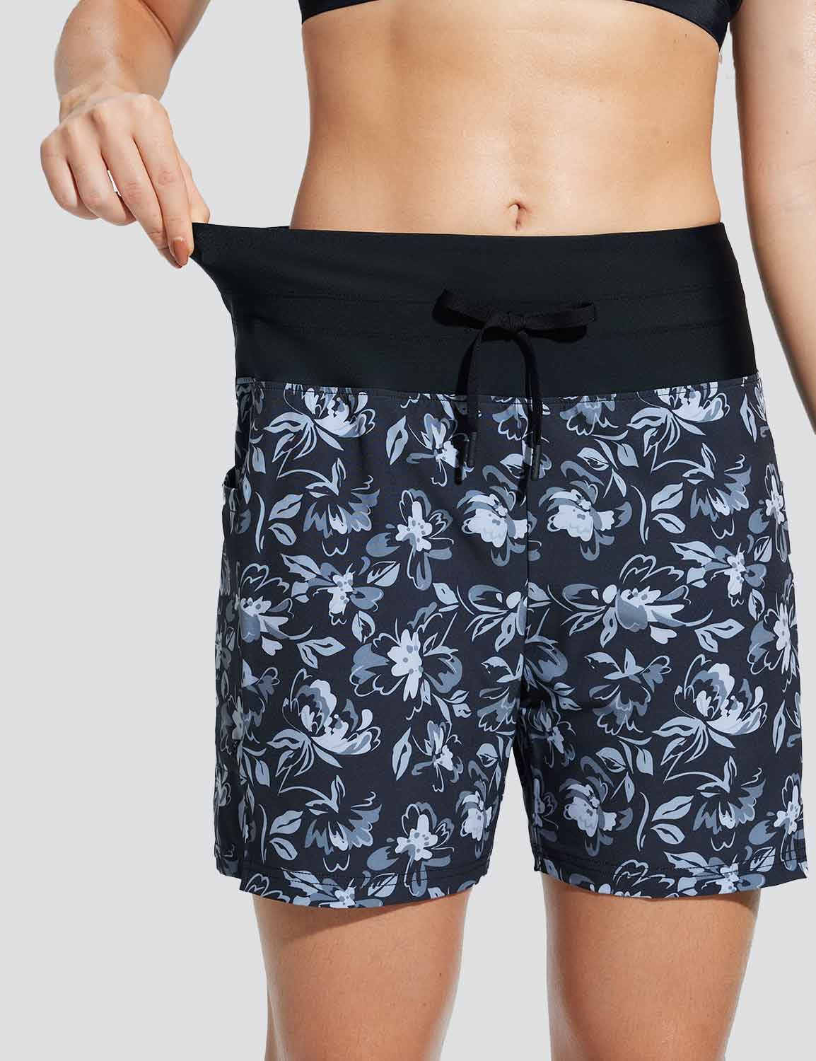 Baleaf Women's Wide Waistband Printed Quick-dry Swim Shorts Black Flowers Details