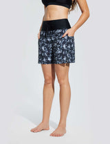 Baleaf Women's Wide Waistband Printed Quick-dry Swim Shorts Black Flowers Side
