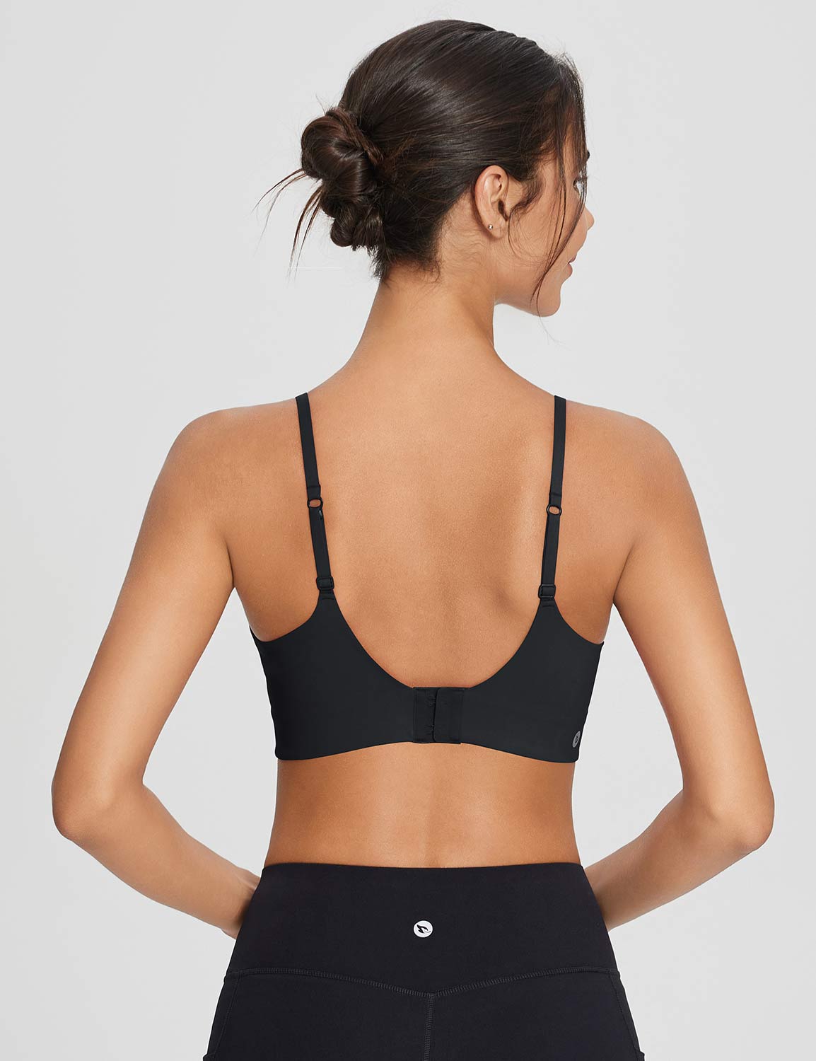 Move-Freely Comfort Set: Black Y-back low strength bra & high-rise shorts back view. #color_Anthracite