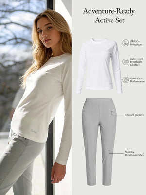Baleaf white UPF 50+ breathable active set, grey 4-pocket pants.